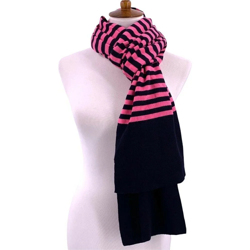 J.CREW Pink and Navy Blue Stripe 100% Merino Wool Knit Scarf